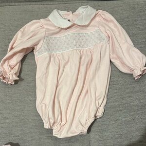 Pink Smocked Baby One-Piece with White Peter Pan Collar
